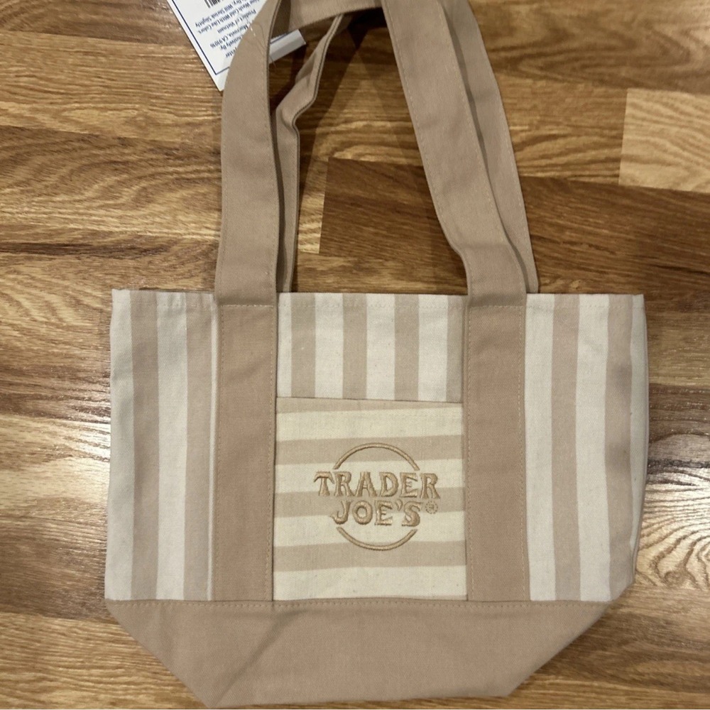 Trader Joe's Limited Edition Striped Mini Canvas Tote Bag Tan Pastel NWT
